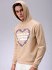 Men's Tan Regular Fit Placement Printed Overhead-Hooded Sweatshirt