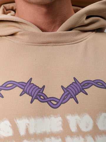 Men's Tan Regular Fit Placement Printed Overhead-Hooded Sweatshirt