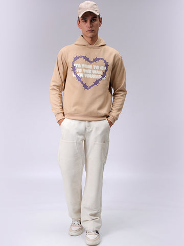 Men's Tan Regular Fit Placement Printed Overhead-Hooded Sweatshirt