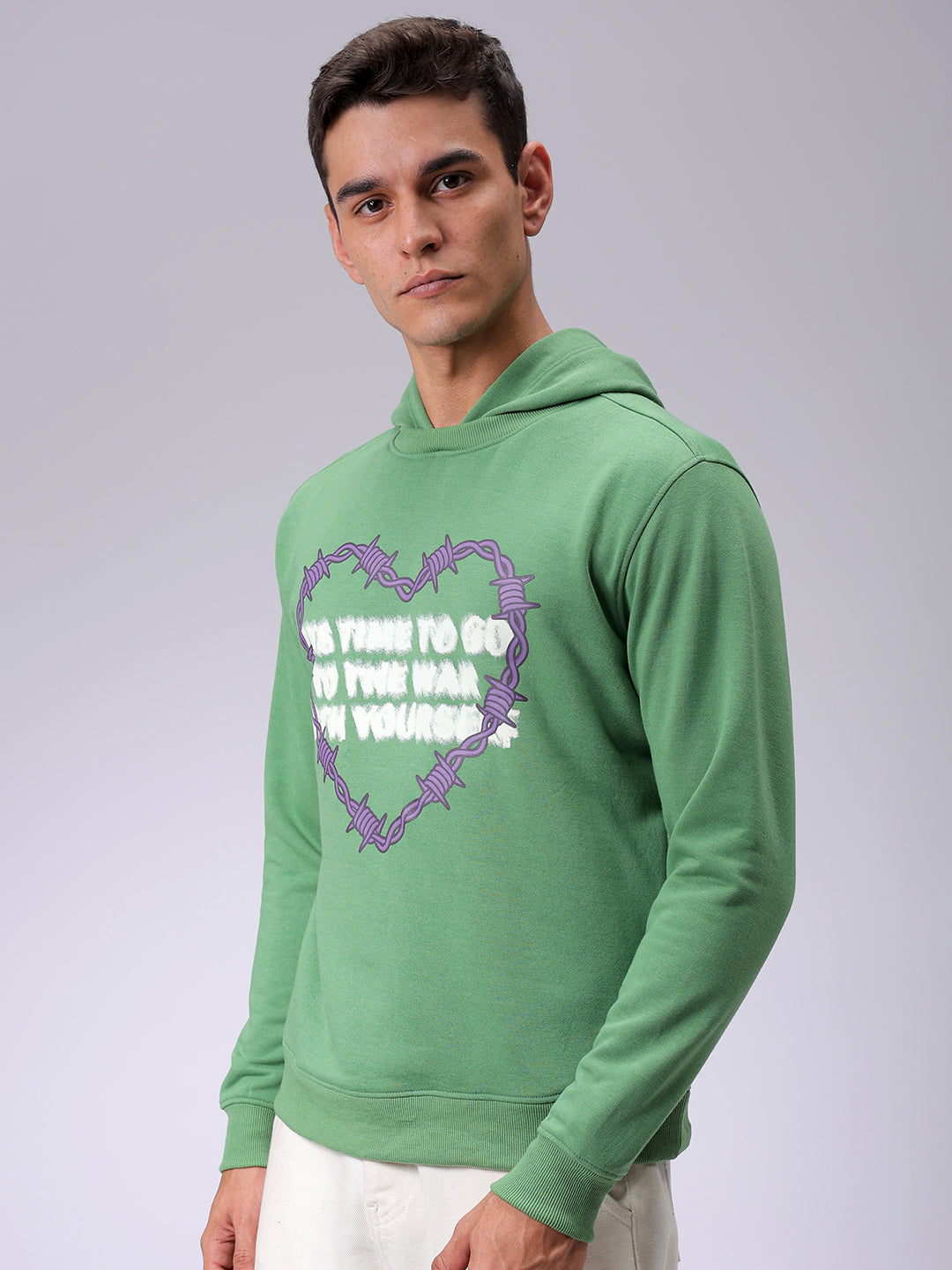 Men's Grey Regular Fit Placement Printed Overhead-Hooded Sweatshirt