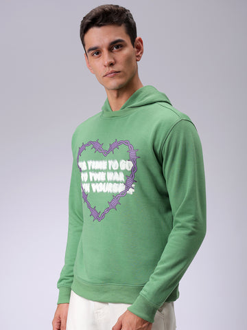 Men's Grey Regular Fit Placement Printed Overhead-Hooded Sweatshirt