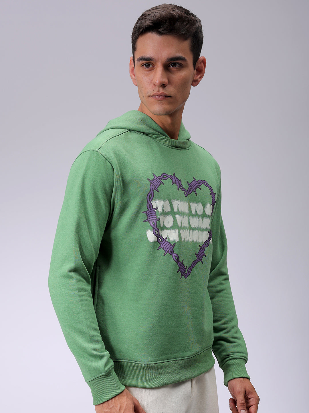 Men's Grey Regular Fit Placement Printed Overhead-Hooded Sweatshirt