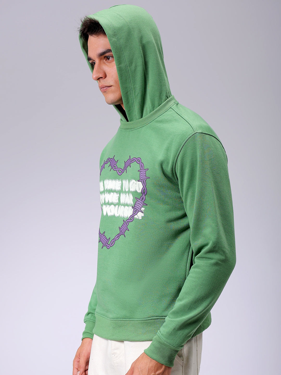 Men's Grey Regular Fit Placement Printed Overhead-Hooded Sweatshirt