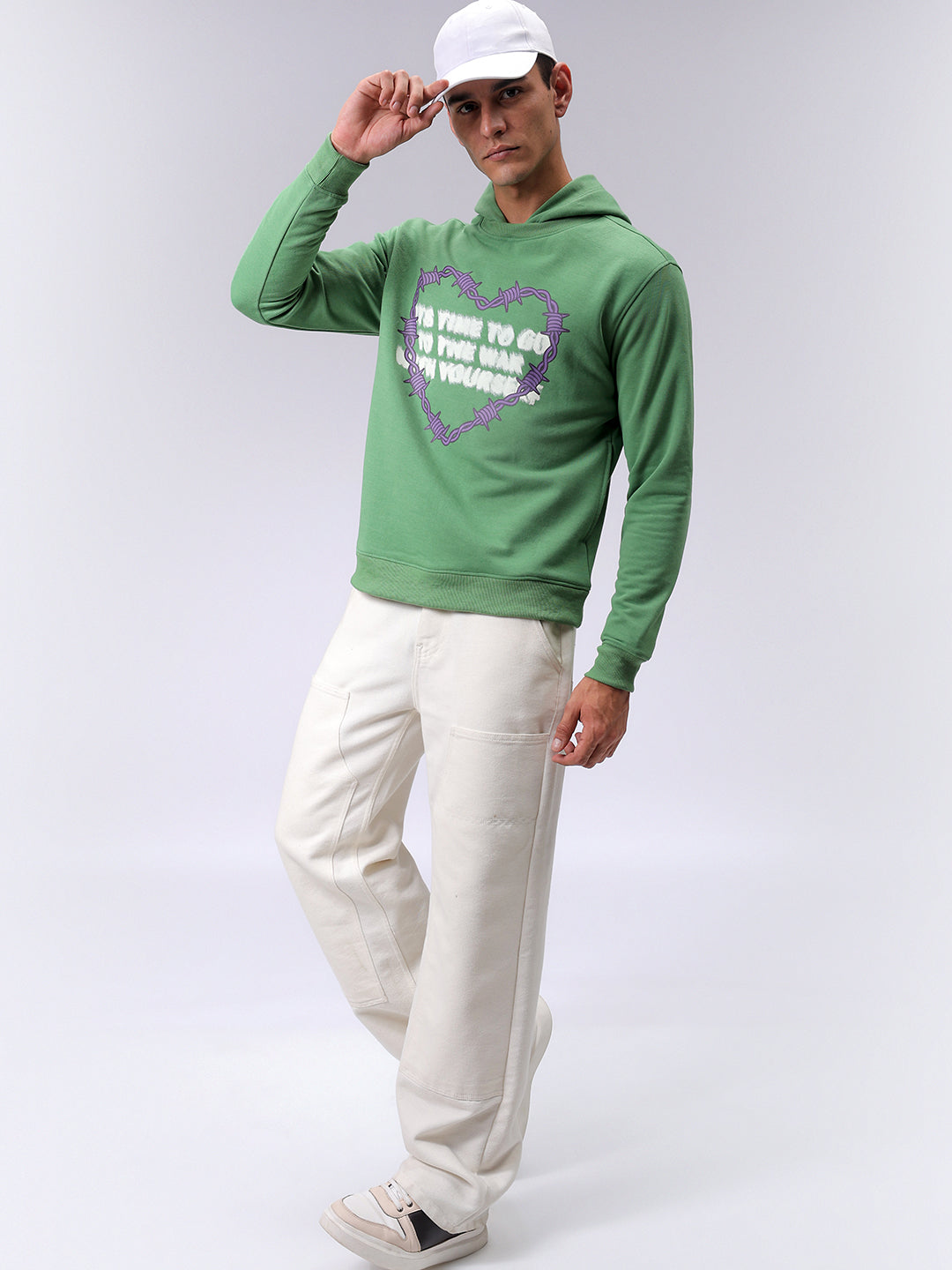 Men's Grey Regular Fit Placement Printed Overhead-Hooded Sweatshirt