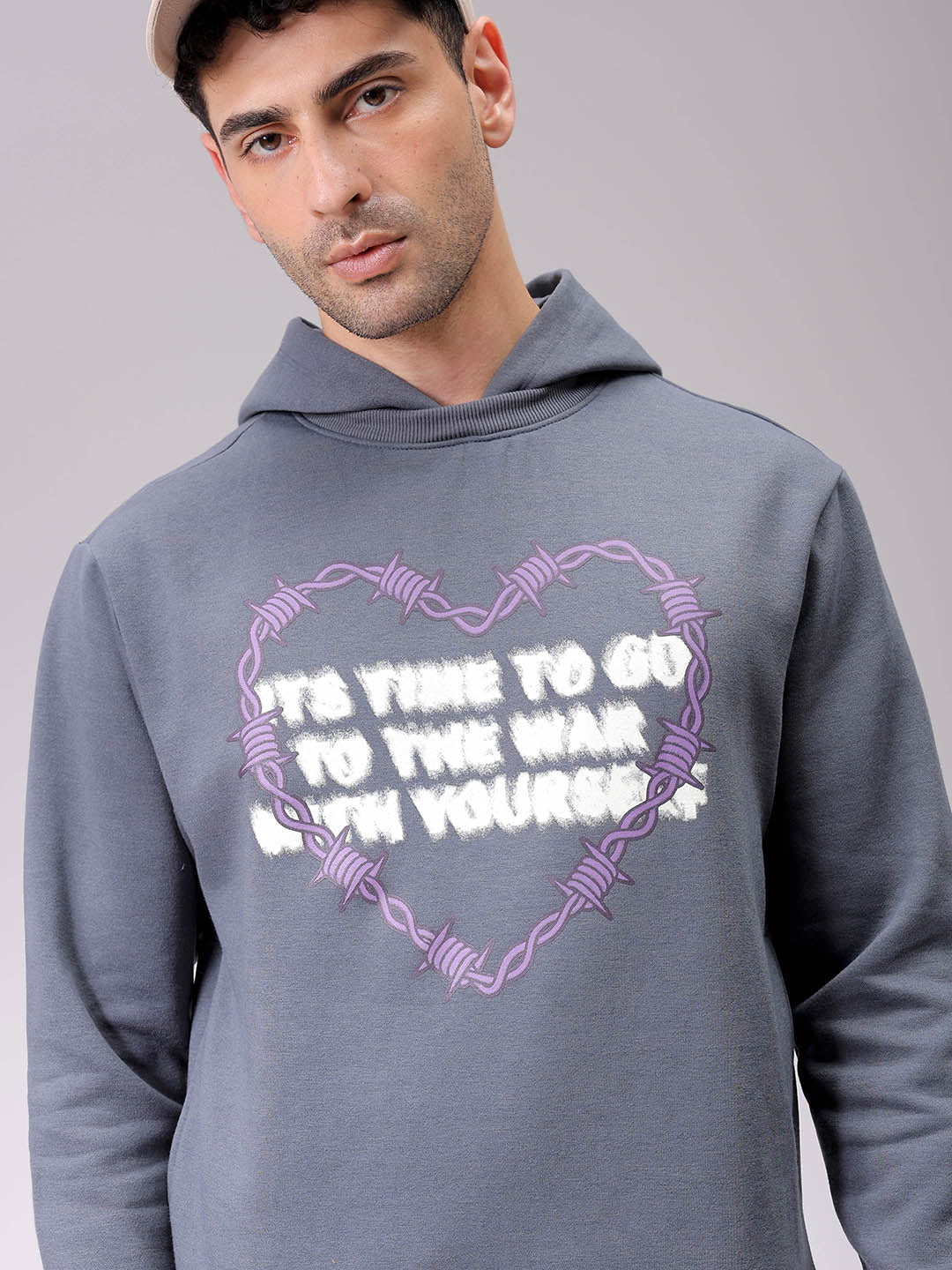 Men's Grey Regular Fit Placement Printed Overhead-Hooded Sweatshirt