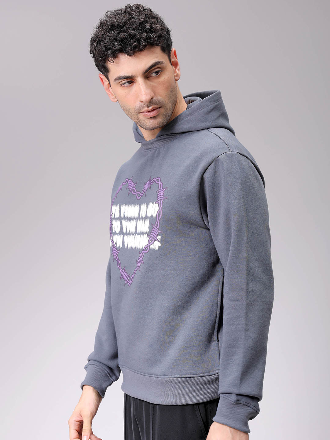 Men's Grey Regular Fit Placement Printed Overhead-Hooded Sweatshirt