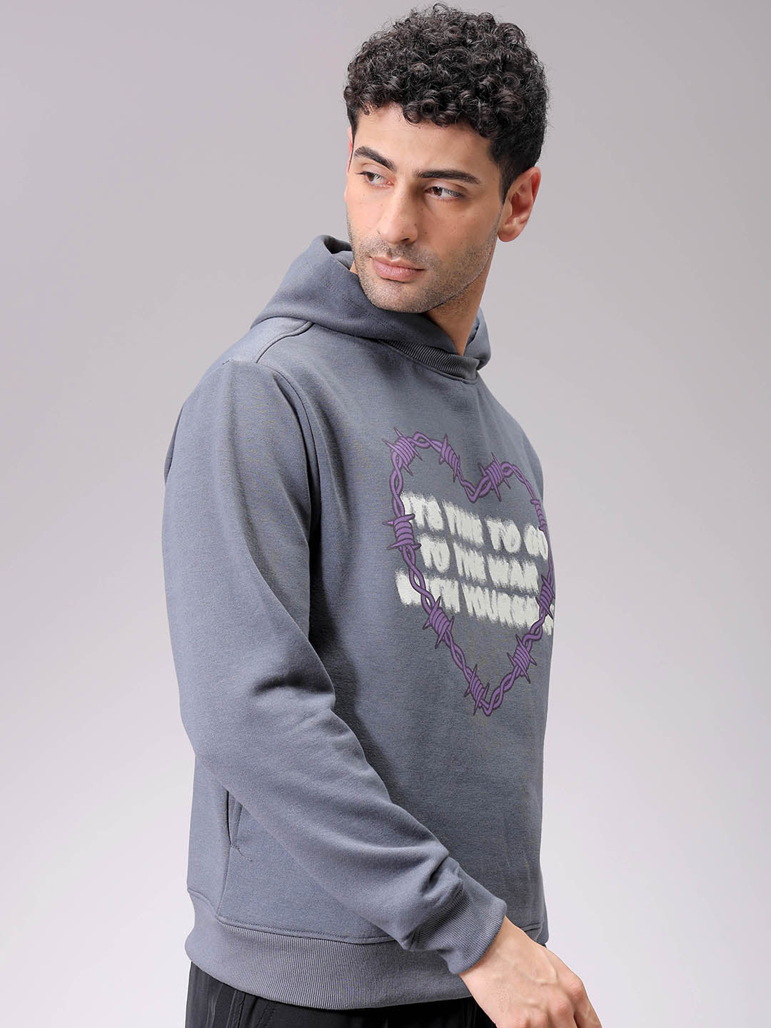 Men's Grey Regular Fit Placement Printed Overhead-Hooded Sweatshirt