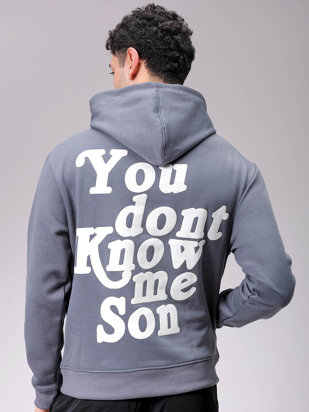 Men's Grey Regular Fit Placement Printed Overhead-Hooded Sweatshirt