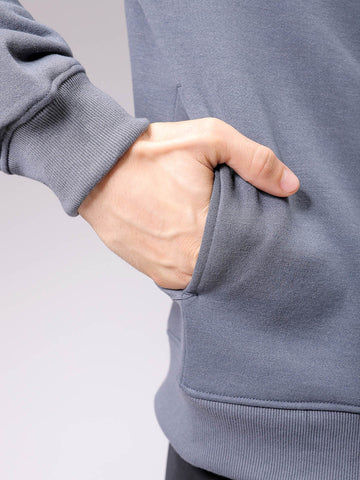 Men's Grey Regular Fit Placement Printed Overhead-Hooded Sweatshirt