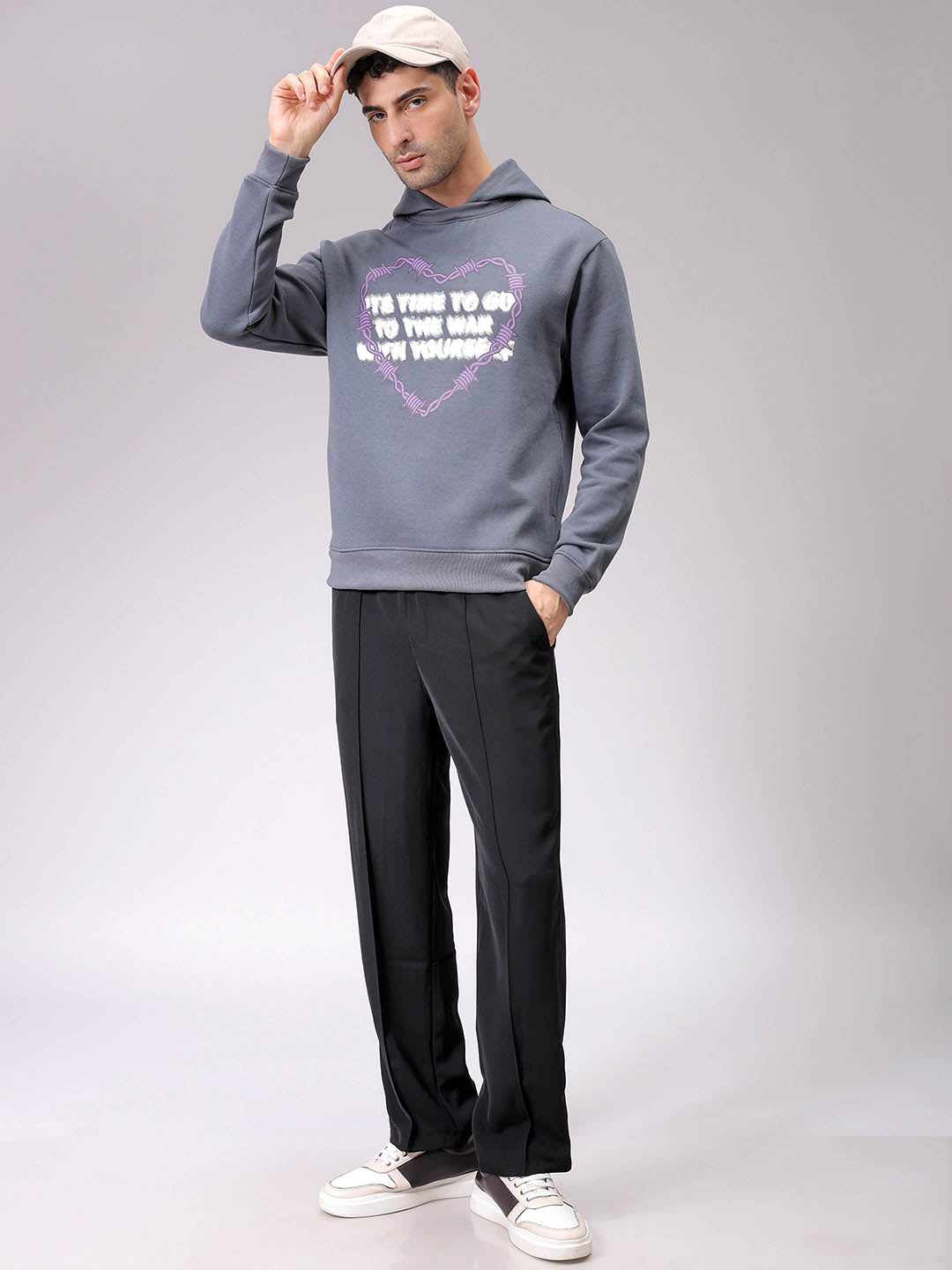 Men's Grey Regular Fit Placement Printed Overhead-Hooded Sweatshirt