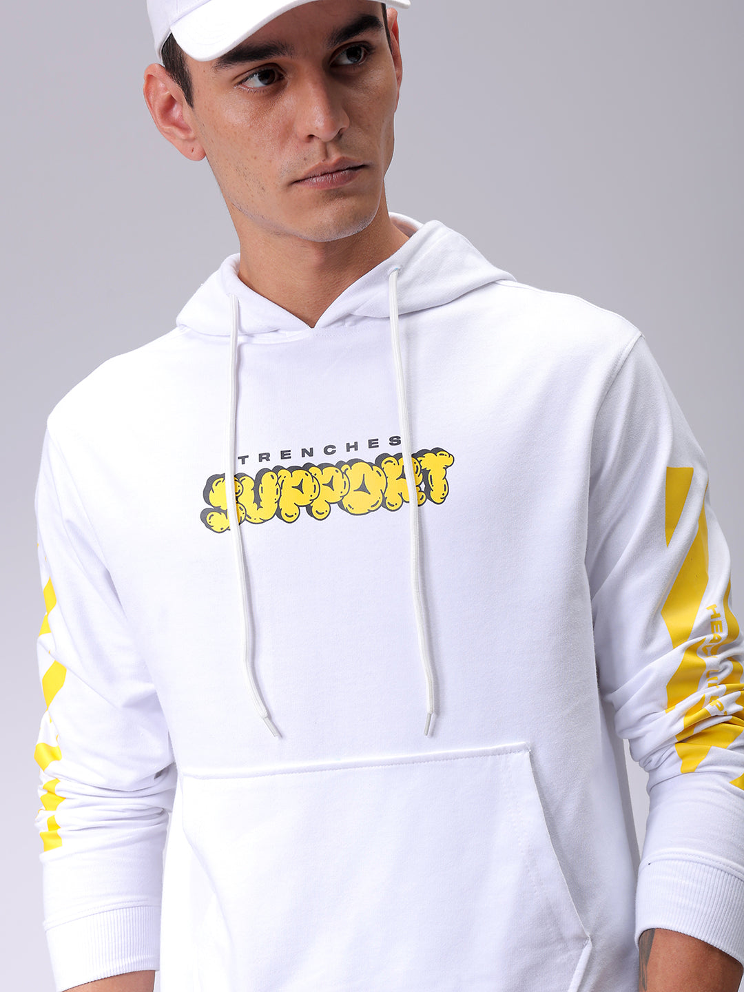 Men's White Regular Fit Placement Printed Overhead-Hooded Sweatshirt