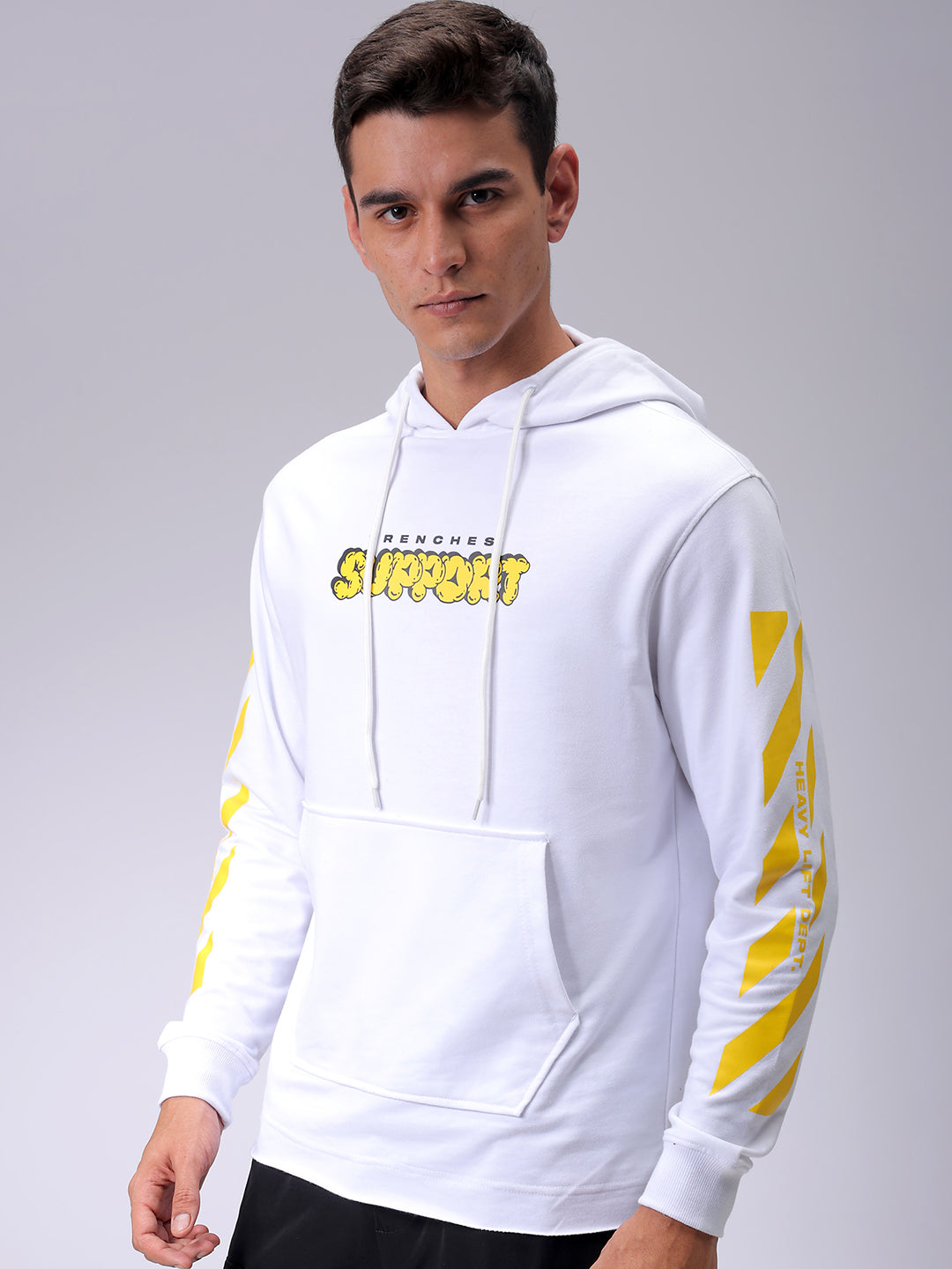 Men's White Regular Fit Placement Printed Overhead-Hooded Sweatshirt
