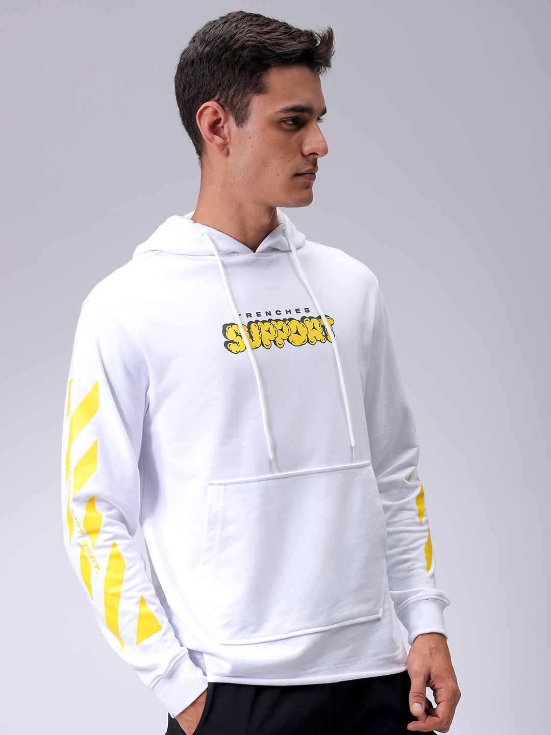Men's White Regular Fit Placement Printed Overhead-Hooded Sweatshirt