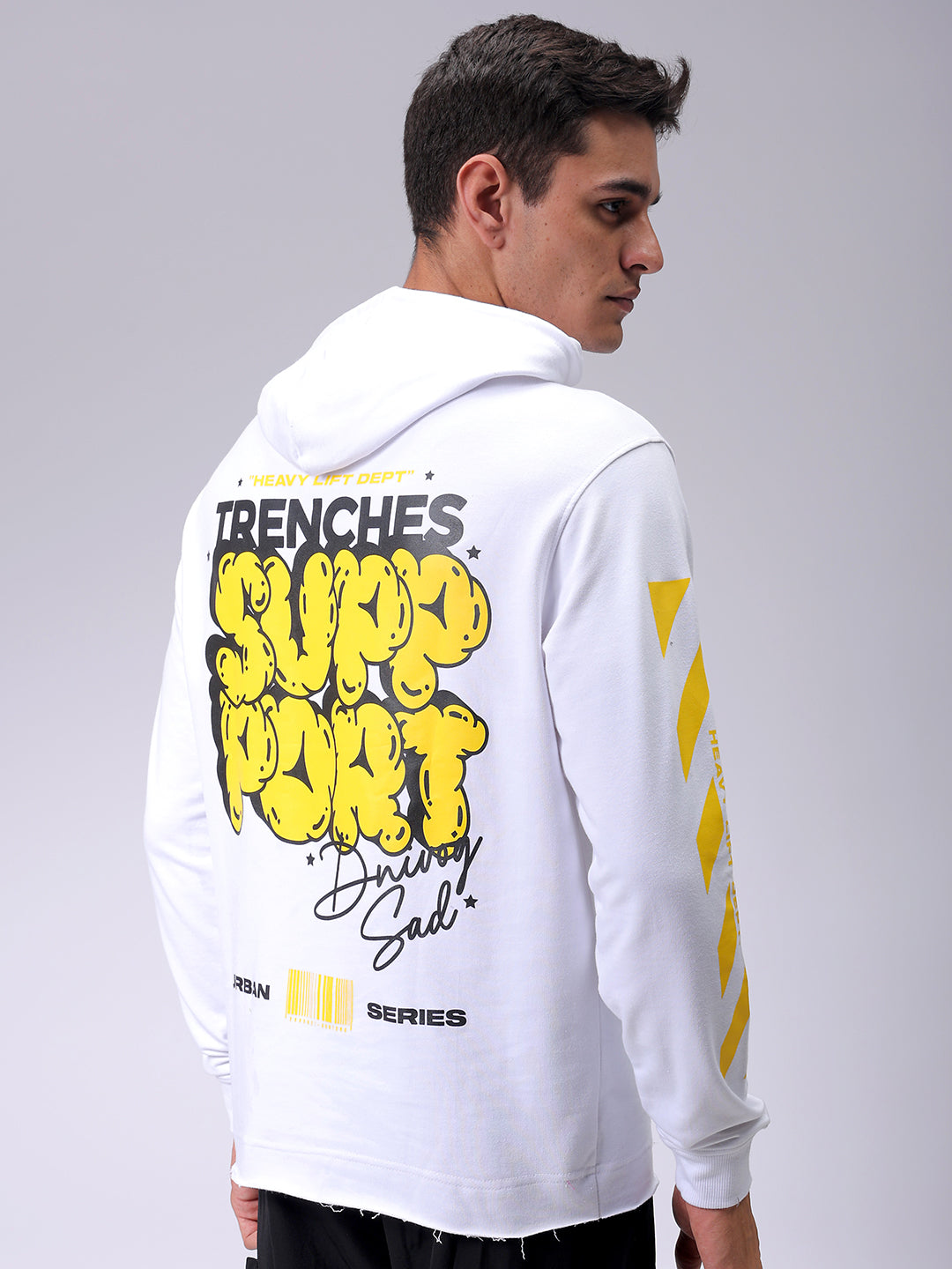 Men's White Regular Fit Placement Printed Overhead-Hooded Sweatshirt