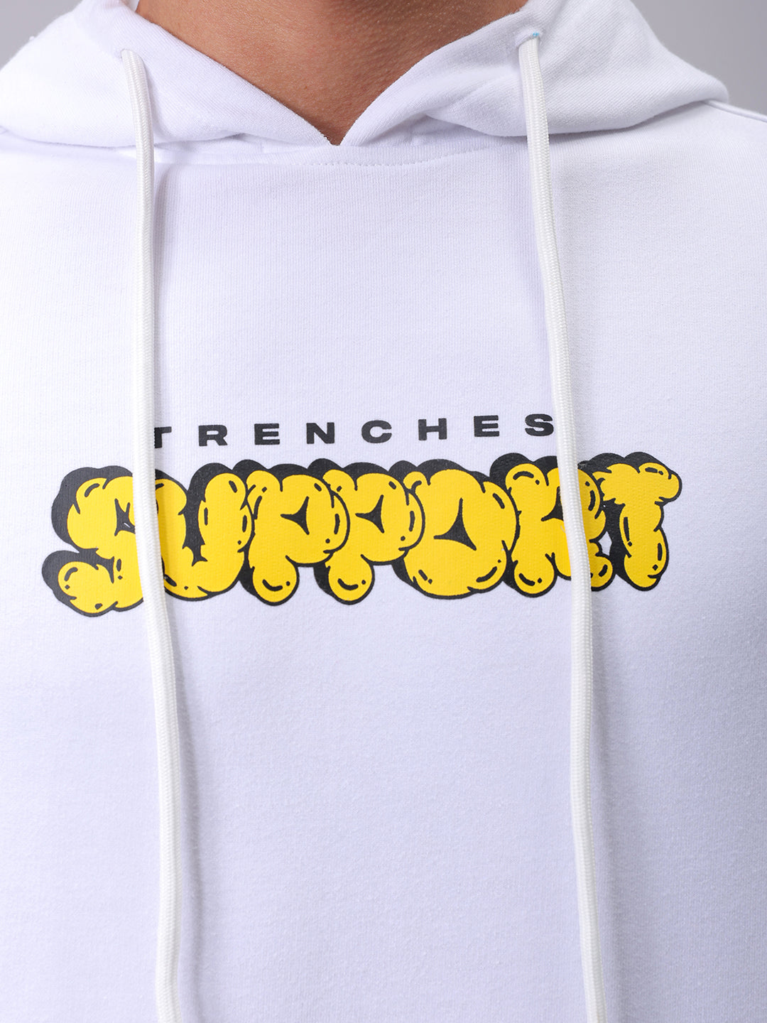 Men's White Regular Fit Placement Printed Overhead-Hooded Sweatshirt