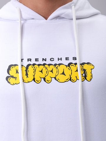 Men's White Regular Fit Placement Printed Overhead-Hooded Sweatshirt