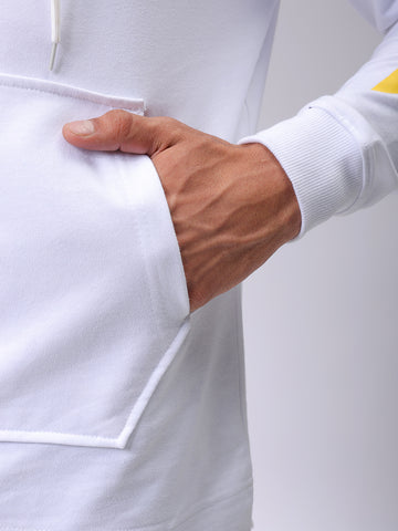 Men's White Regular Fit Placement Printed Overhead-Hooded Sweatshirt