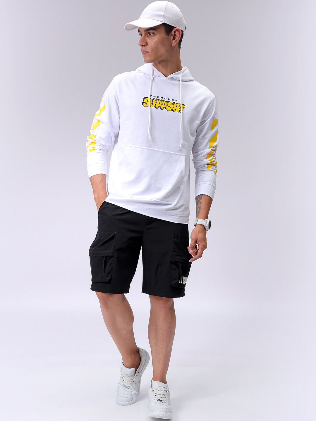 Men's White Regular Fit Placement Printed Overhead-Hooded Sweatshirt