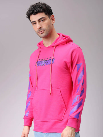 Men's Pink Regular Fit Placement Printed Overhead-Hooded Sweatshirt