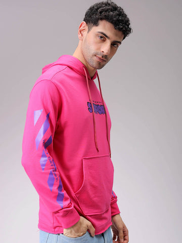 Men's Pink Regular Fit Placement Printed Overhead-Hooded Sweatshirt
