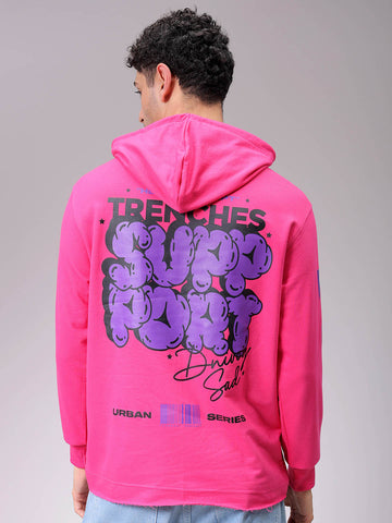 Men's Pink Regular Fit Placement Printed Overhead-Hooded Sweatshirt