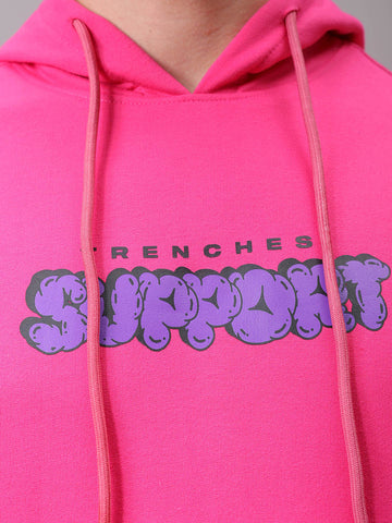 Men's Pink Regular Fit Placement Printed Overhead-Hooded Sweatshirt