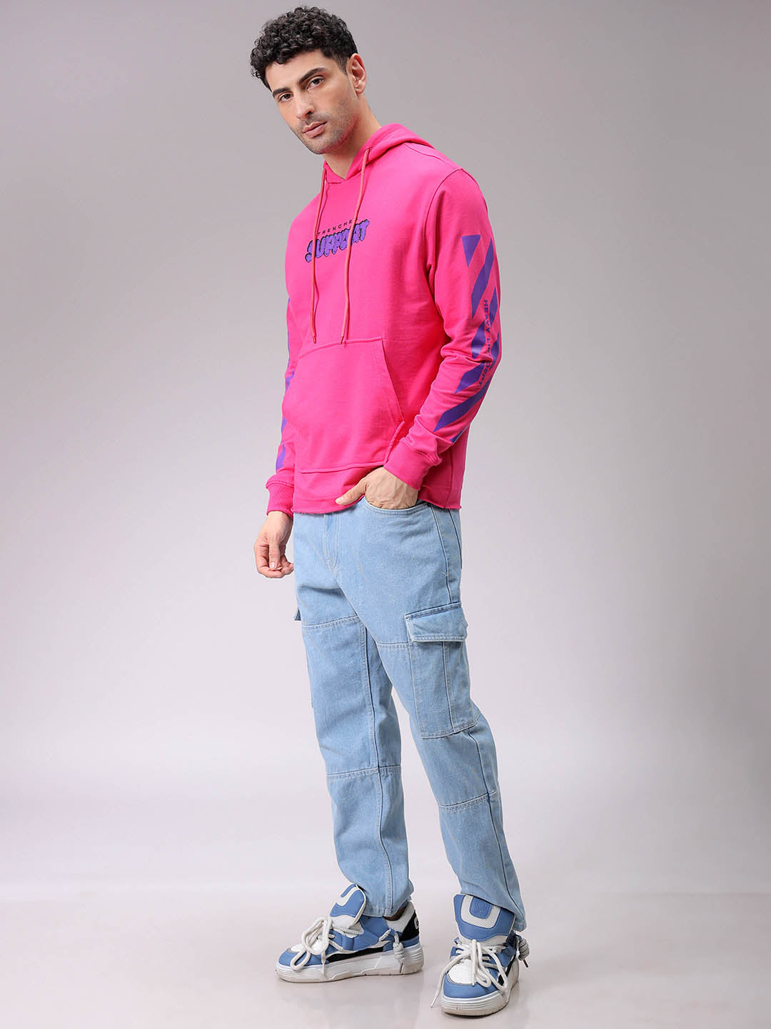 Men's Pink Regular Fit Placement Printed Overhead-Hooded Sweatshirt