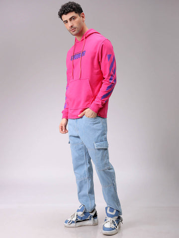 Men's Pink Regular Fit Placement Printed Overhead-Hooded Sweatshirt