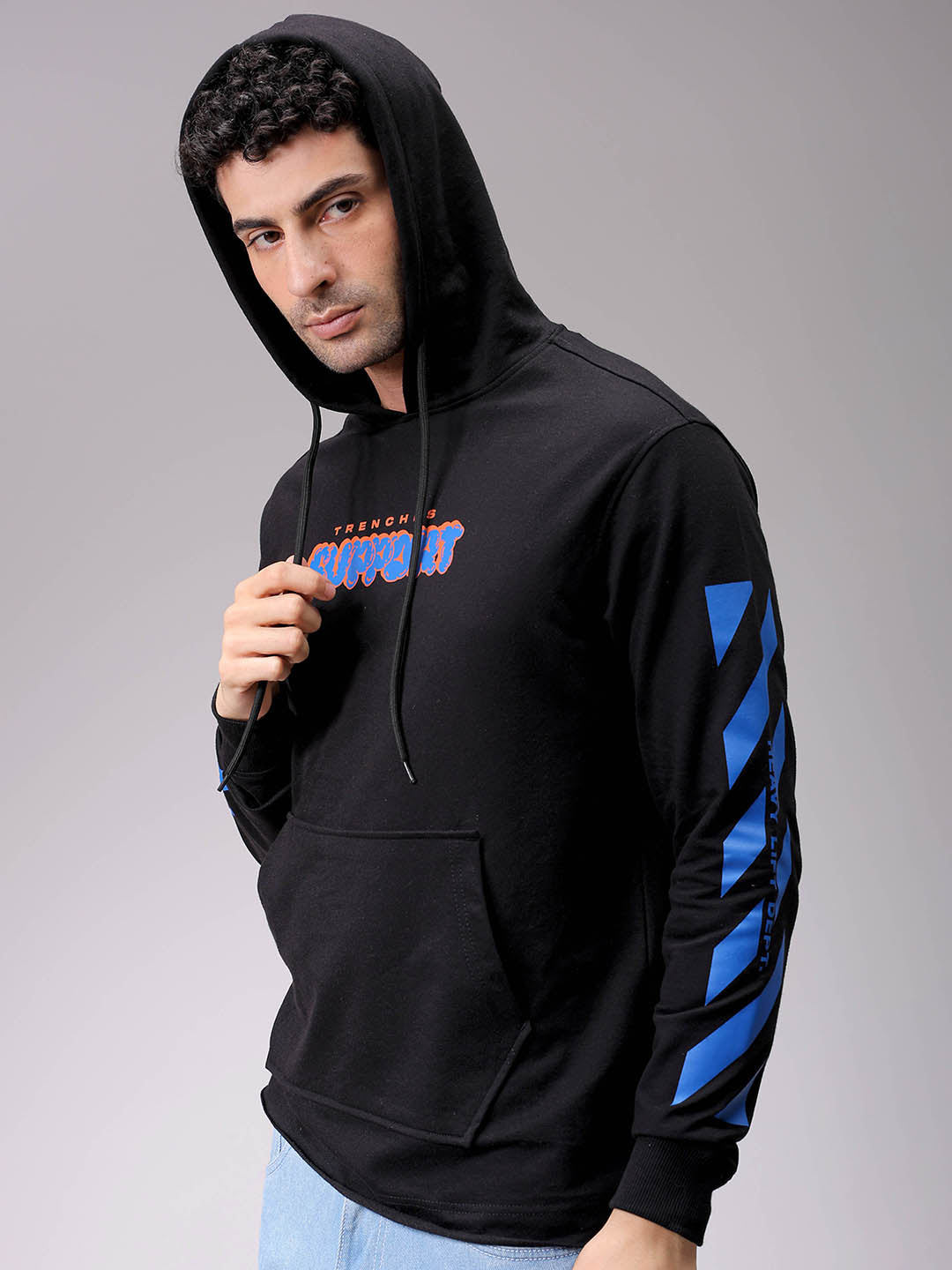 Men's Black Regular Fit Placement Printed Overhead-Hooded Sweatshirt