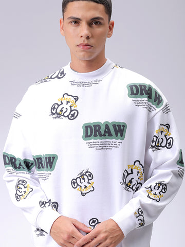 Men's White Relaxed Fit Abstract Printed Overhead-Crewneck Sweatshirt