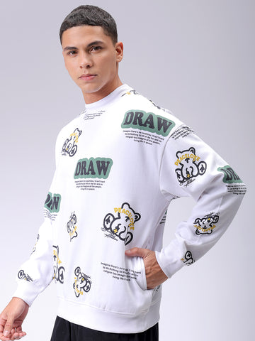 Men's White Relaxed Fit Abstract Printed Overhead-Crewneck Sweatshirt