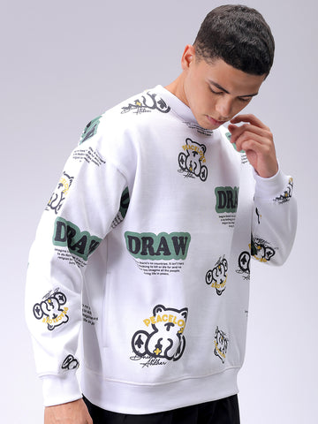 Men's White Relaxed Fit Abstract Printed Overhead-Crewneck Sweatshirt