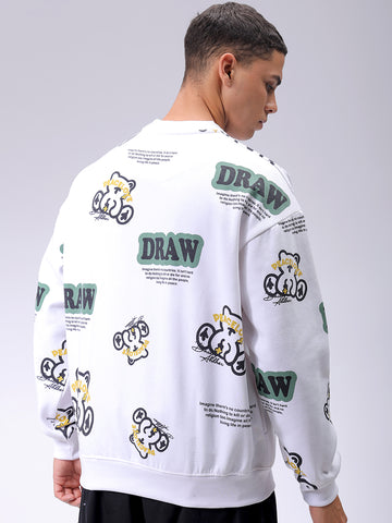 Men's White Relaxed Fit Abstract Printed Overhead-Crewneck Sweatshirt