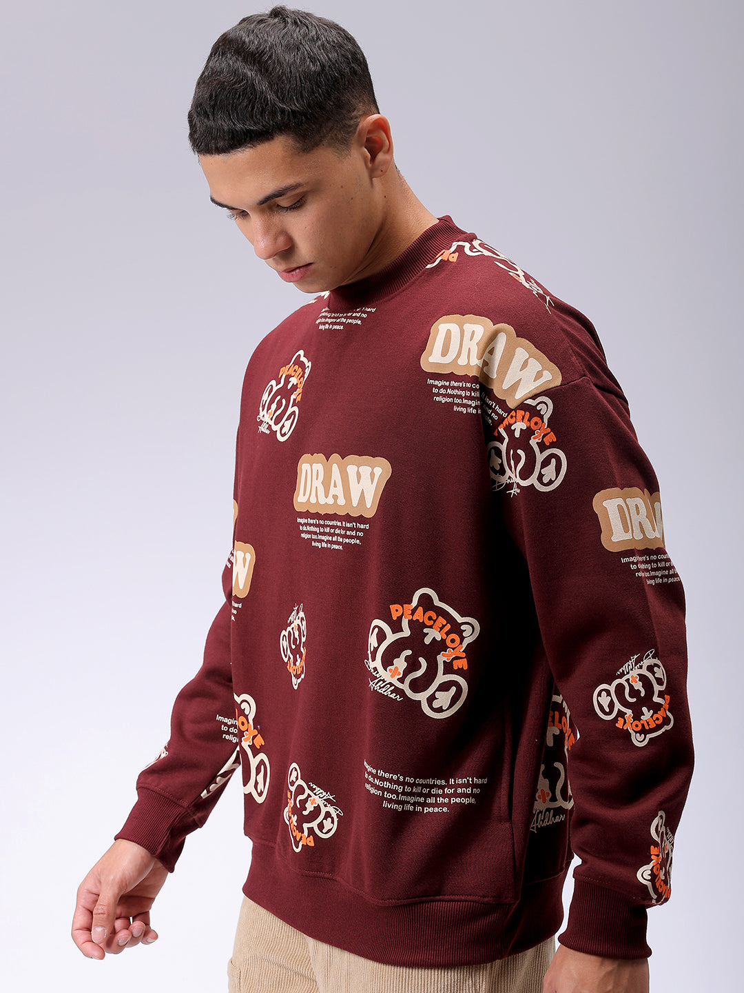 Men's Brown Relaxed Fit Abstract Printed Overhead-Crewneck Sweatshirt