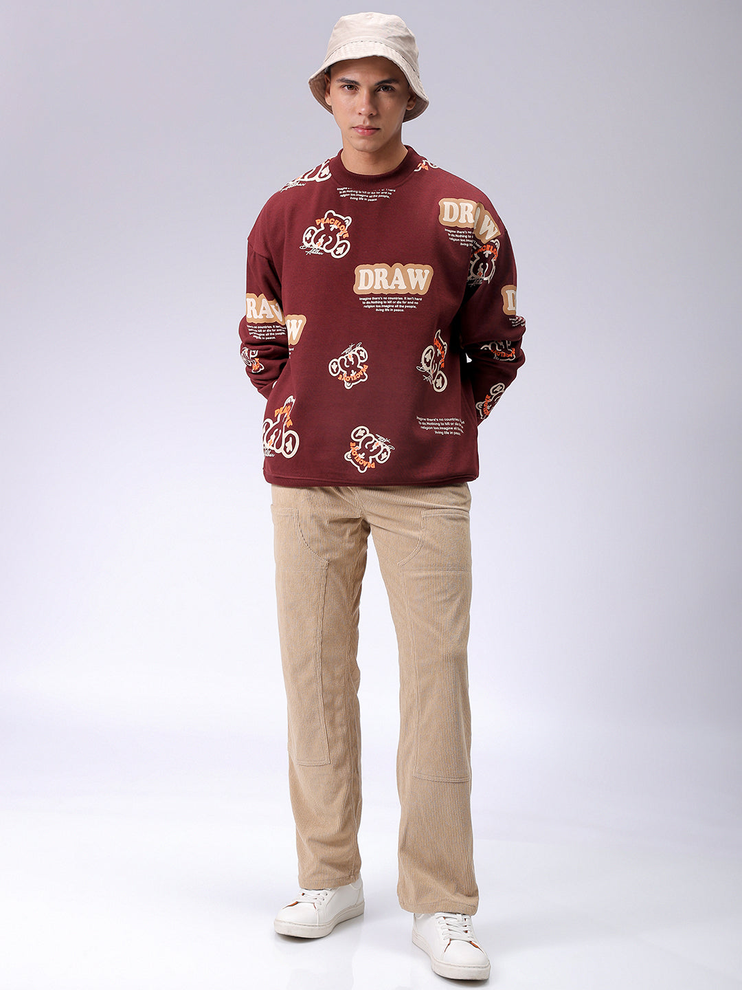 Men's Brown Relaxed Fit Abstract Printed Overhead-Crewneck Sweatshirt