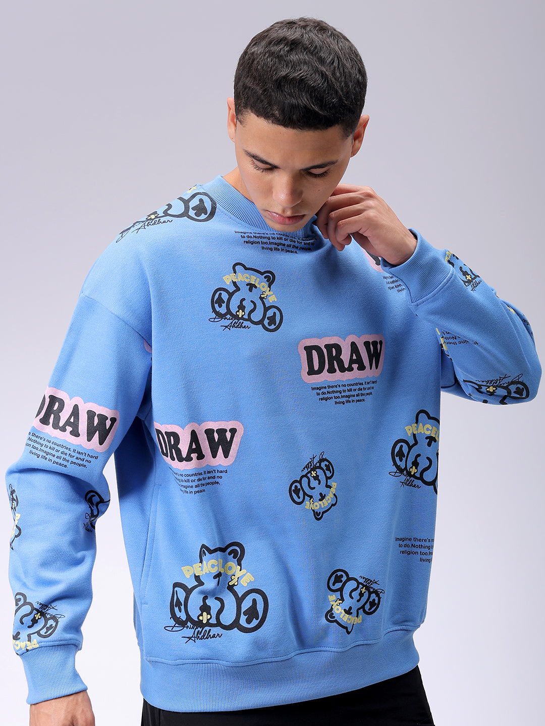 Men's Blue Relaxed Fit Abstract Printed Overhead-Crewneck Sweatshirt