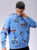 Men's Blue Relaxed Fit Abstract Printed Overhead-Crewneck Sweatshirt