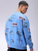 Men's Blue Relaxed Fit Abstract Printed Overhead-Crewneck Sweatshirt
