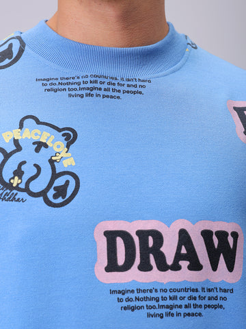 Men's Blue Relaxed Fit Abstract Printed Overhead-Crewneck Sweatshirt