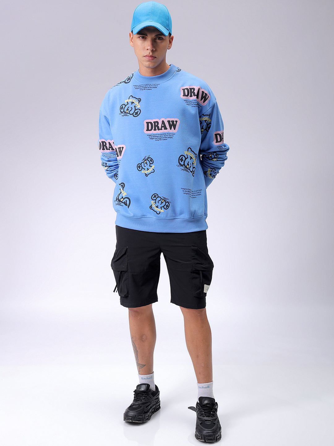 Men's Blue Relaxed Fit Abstract Printed Overhead-Crewneck Sweatshirt