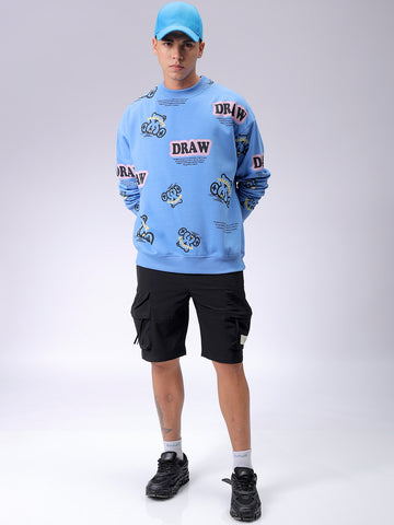 Men's Blue Relaxed Fit Abstract Printed Overhead-Crewneck Sweatshirt