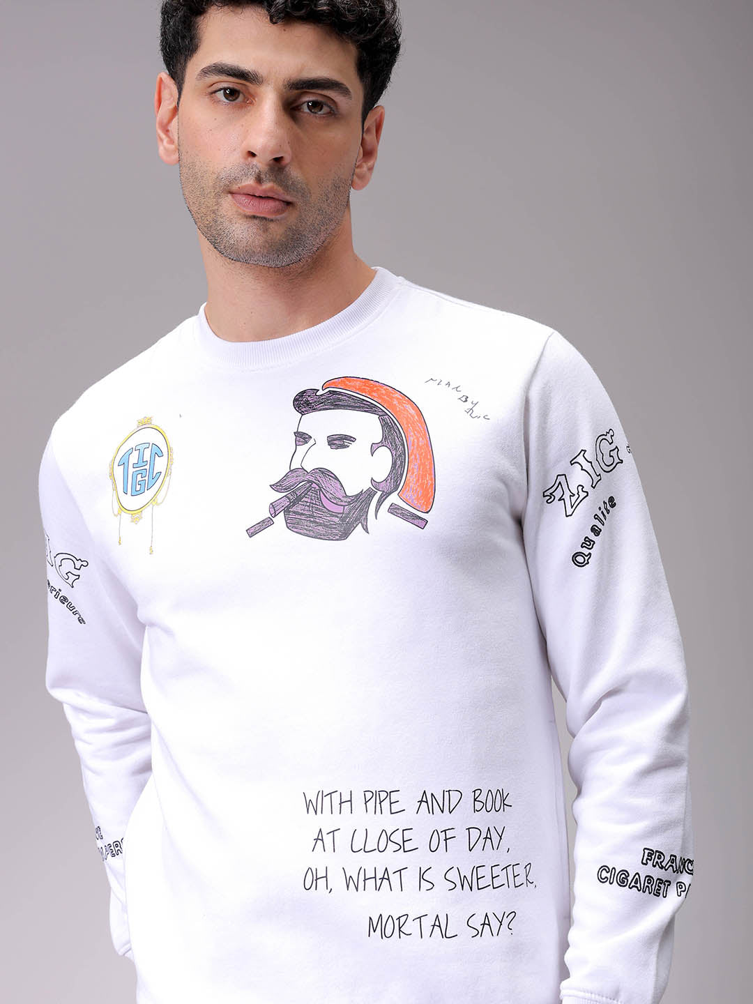 Men's White Regular Fit Placement Printed Overhead-Crewneck Sweatshirt