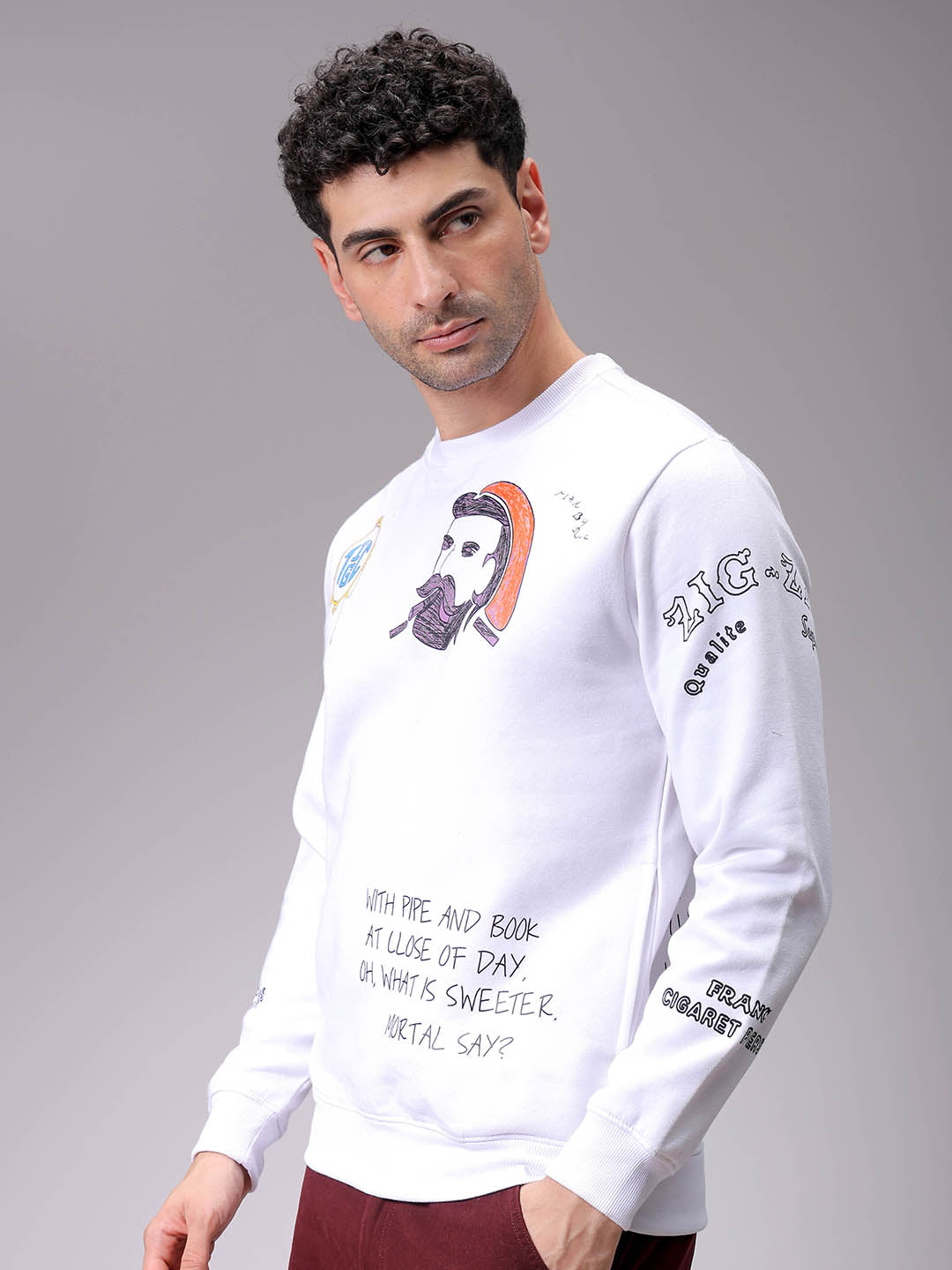 Men's White Regular Fit Placement Printed Overhead-Crewneck Sweatshirt