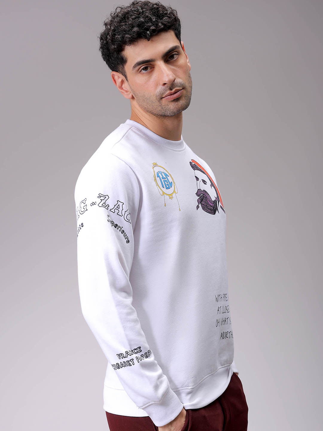 Men's White Regular Fit Placement Printed Overhead-Crewneck Sweatshirt