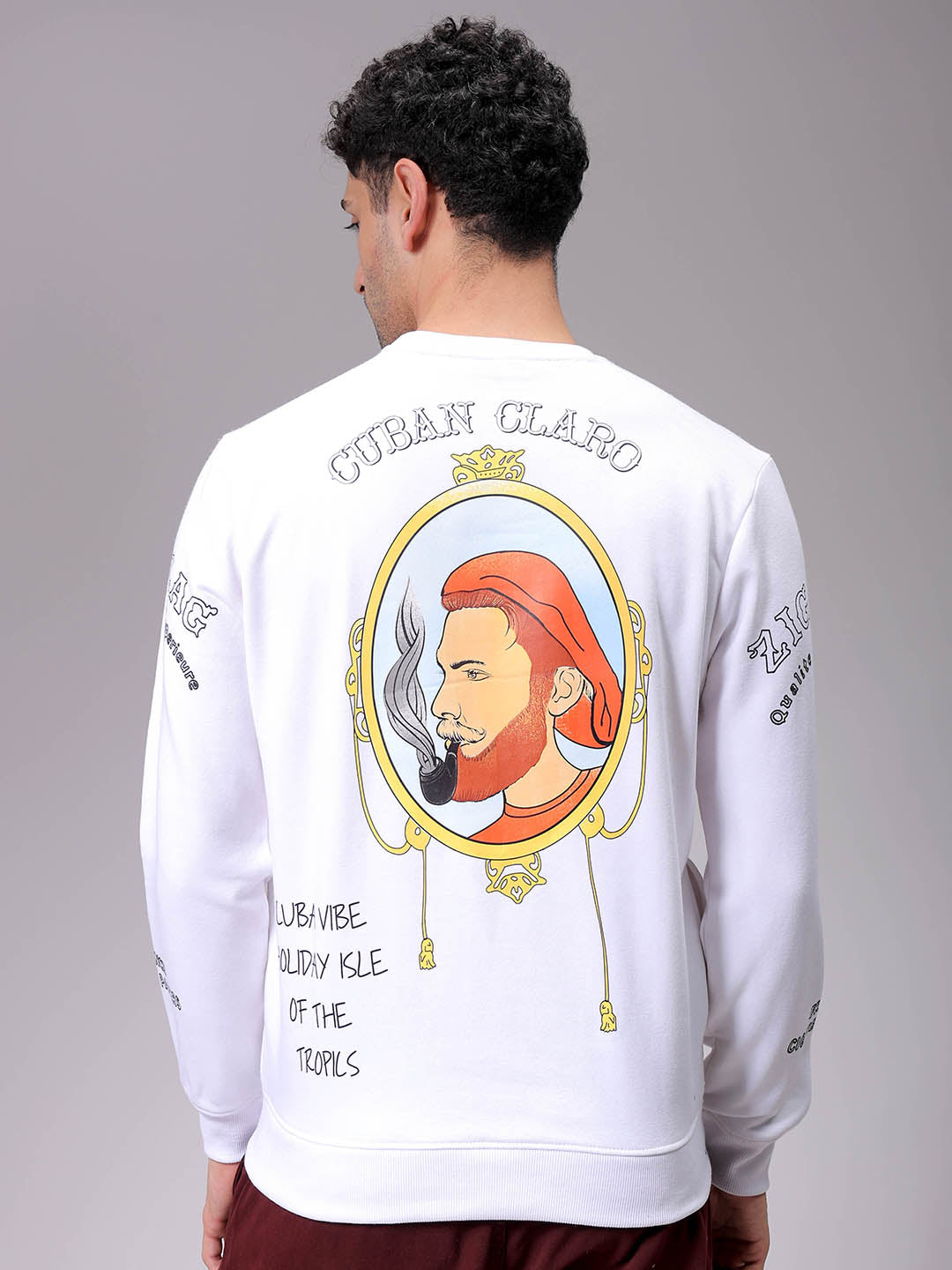 Men's White Regular Fit Placement Printed Overhead-Crewneck Sweatshirt