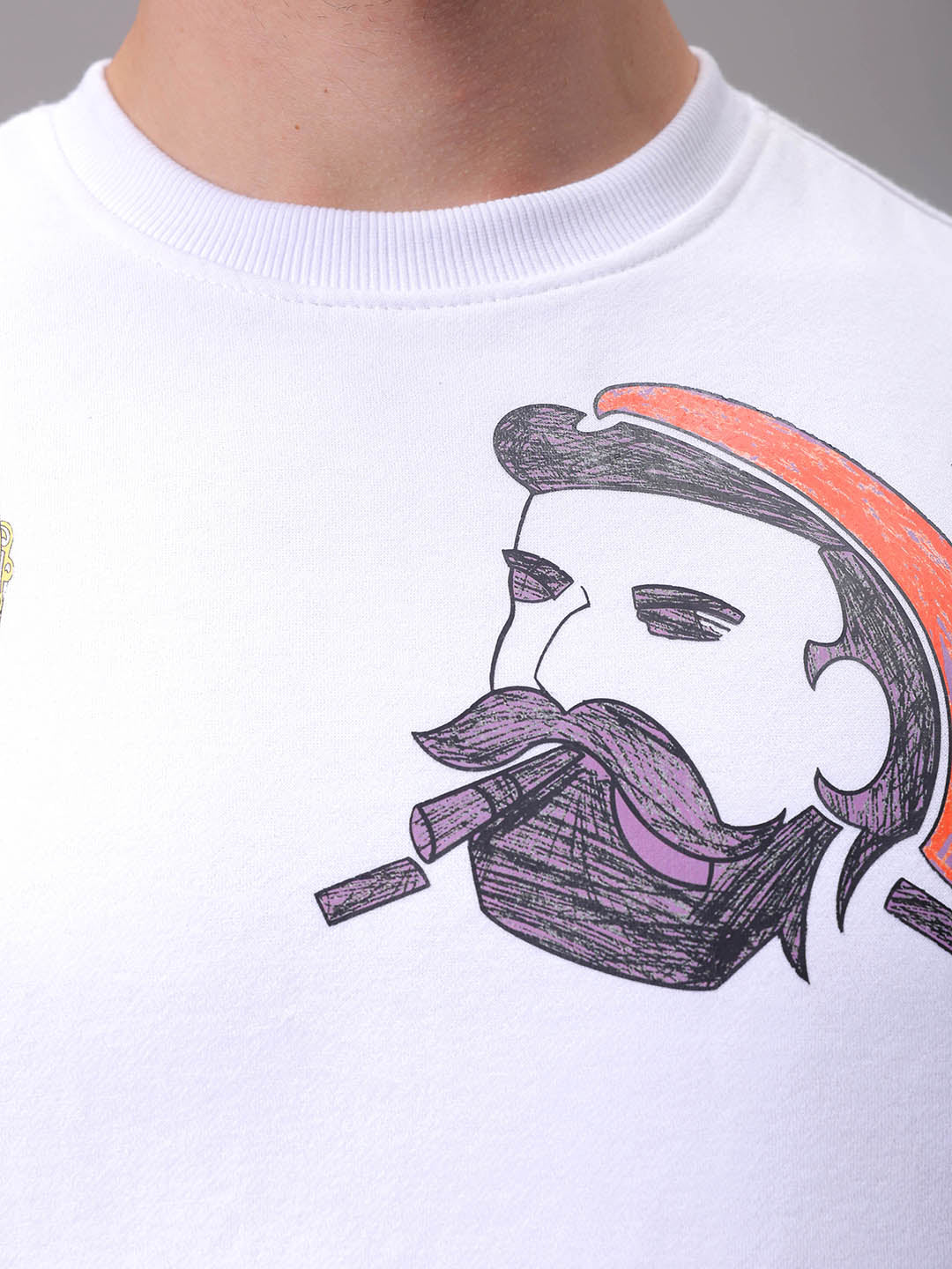 Men's White Regular Fit Placement Printed Overhead-Crewneck Sweatshirt