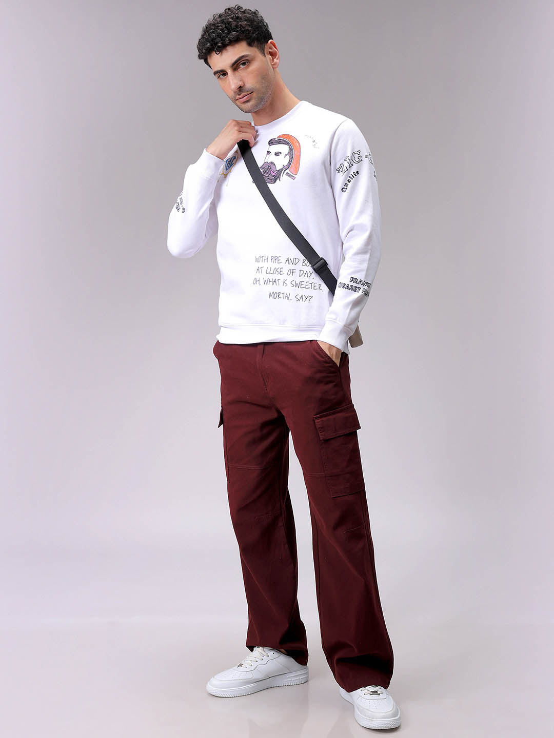 Men's White Regular Fit Placement Printed Overhead-Crewneck Sweatshirt