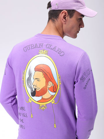 Men's Purple Regular Fit Placement Printed Overhead-Crewneck Sweatshirt