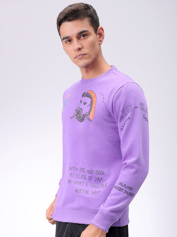 Men's Purple Regular Fit Placement Printed Overhead-Crewneck Sweatshirt