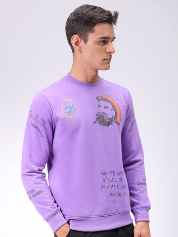 Men's Purple Regular Fit Placement Printed Overhead-Crewneck Sweatshirt